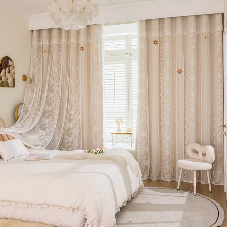 窗纱窗帘2025新款法式蕾丝布沙一体卧室少女公主风双层遮光高级感